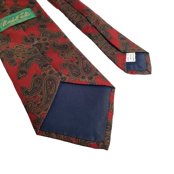 Vintage Marshall Fields Men Italian Silk Paisley Necktie Red Brown Designer - Picture 3 of 4